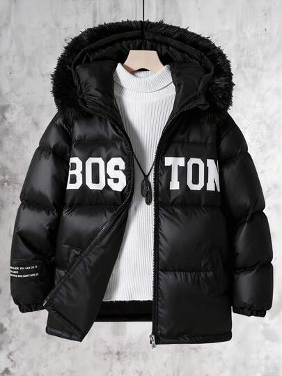 Vacaura 1pc Boys' Fashionable Black Hooded SoftPadded Coatt, Suitable For Winter, Outdoor Sports, Photography, School, Outings, And Various Occasions