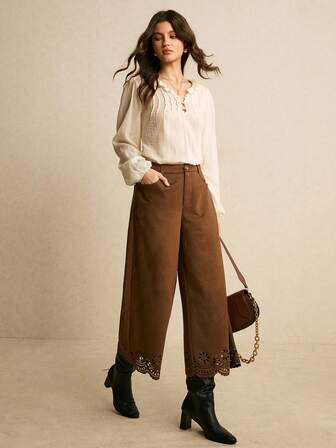 Poéselle Pantalones casuales anchos y sueltos con bolsillo floral hueco para mujer