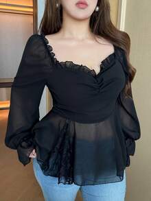 Vibekara New Elegant Sweet Chiffon & Contrast Lace Puff Sleeve Blouse, Ruffle Hem Cropped Shirt For Women, Slim Fit