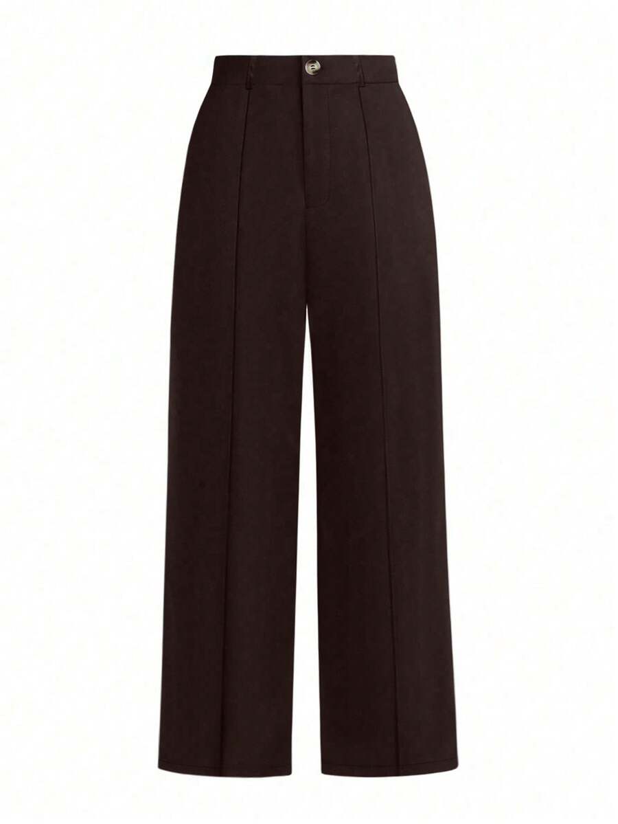 SHEIN Tall CURVE Plus Size Women's Solid Color Casual Versatile High-Quality Viscose Straight Elastic Waist Pants, Suitable For Work And Daily Wear, Autumn/Winter - Brown - View 1