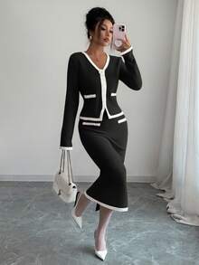 Elenzga 女士秋冬新款舒适针织卡其色V领长袖拼接高端蕾丝3D玫瑰优雅弹力腰百搭简约毛衣裙套装 - 黑色 - 查看 6