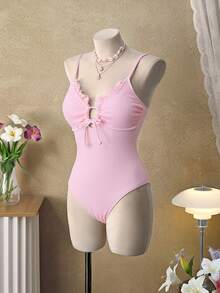 Swim Mod Bộ đồ bơi một mảnh thắt nơ có thể điều chỉnh cho buổi trà chiều lãng mạn dành cho nữ màu hồng nhạt ngọt ngào họa tiết ca cao - Màu Hồng baby - Xem 5