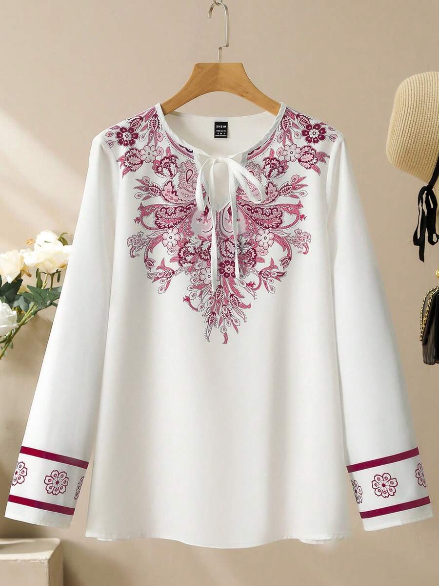 Lacomfia Fashionable Modest Floral Twist Casual Long Sleeve Shirt