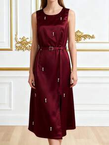 Franclia 女士优雅通勤派对圆领闪亮缎面串珠开衩下摆无袖连衣裙 - 酒紅色 - 查看 4