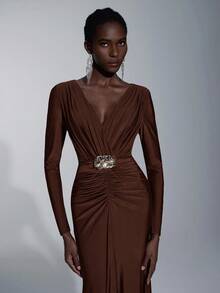 Elitara Thanh lịch, Sang trọng, Thời trang, Trang nghiêm, Xanh lá cây đậm, Vải dệt kim co giãn, Tay dài, Viền đuôi cá, Xòe, Thích hợp cho kỳ nghỉ, Sự kiện cưới, Tiệc độc thân, Váy dạ hội trang trọng, Váy dạ hội trang trọng - màu nâu - Xem 7