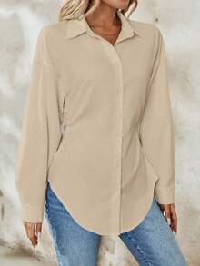 Chiquease 女士优雅假日褶皱侧扣前长袖衬衫 - 卡其色 - 查看 4