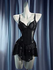 SHEIN 2pcs Women's Sexy Glamorous Rhinestone Mesh Asymmetrical Ruffle Hem Slip Dress Set - Black - View 6