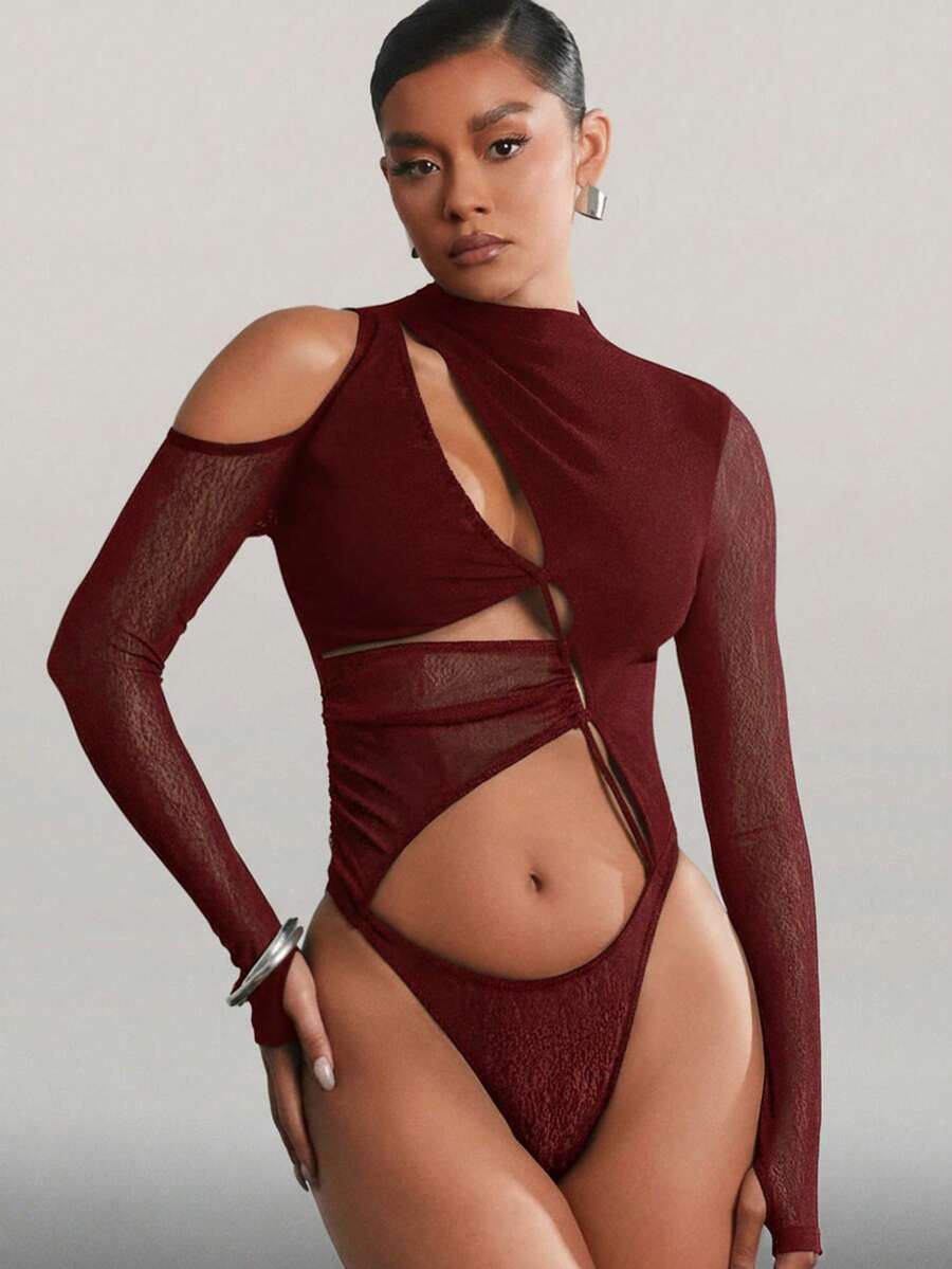 Hauture 女士纯色不对称剪裁长袖连体衣 - 酒紅色 - 查看 1