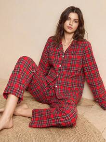 SHEIN Bộ đồ ngủ nữ kiểu dáng thường ngày, áo cổ bẻ và quần kẻ caro, thoải mái và thanh lịch, thích hợp cho mùa thu đông. - Nhiều màu - Xem 5