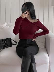 DAZY 女士优雅修身毛衣，秋冬款 - 酒紅色 - 查看 4