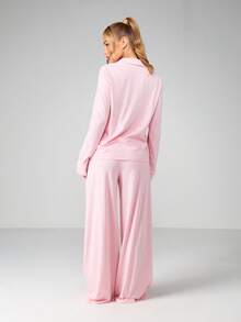 Missguided x Playboy Embroidered Bunny Long Sleeve Button Up Pajama Set With Wide Leg Pants - Pink - View 2