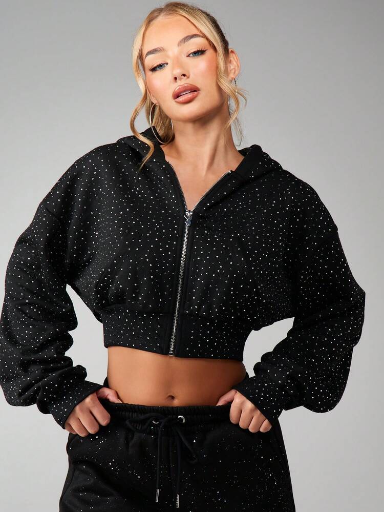 Missguided x Playboy Felpa con cappuccio oversize con chiusura lampo e strass, con logo ricamato sul retro, perfetta per lo streetwear casual e i look invernali a strati - nero - Visualizzare 3