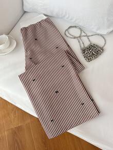 Elamini 女士拼接撞色腰带长裤，印有蝴蝶结和条纹图案 - 卡其色 - 查看 2