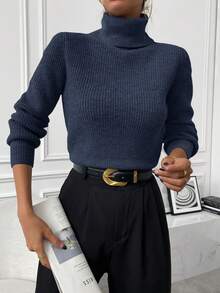 SHEIN Women's Solid Color Turtleneck Long Sleeve Casual Sweater, Autumn/Winter - Navy Blue - View 8