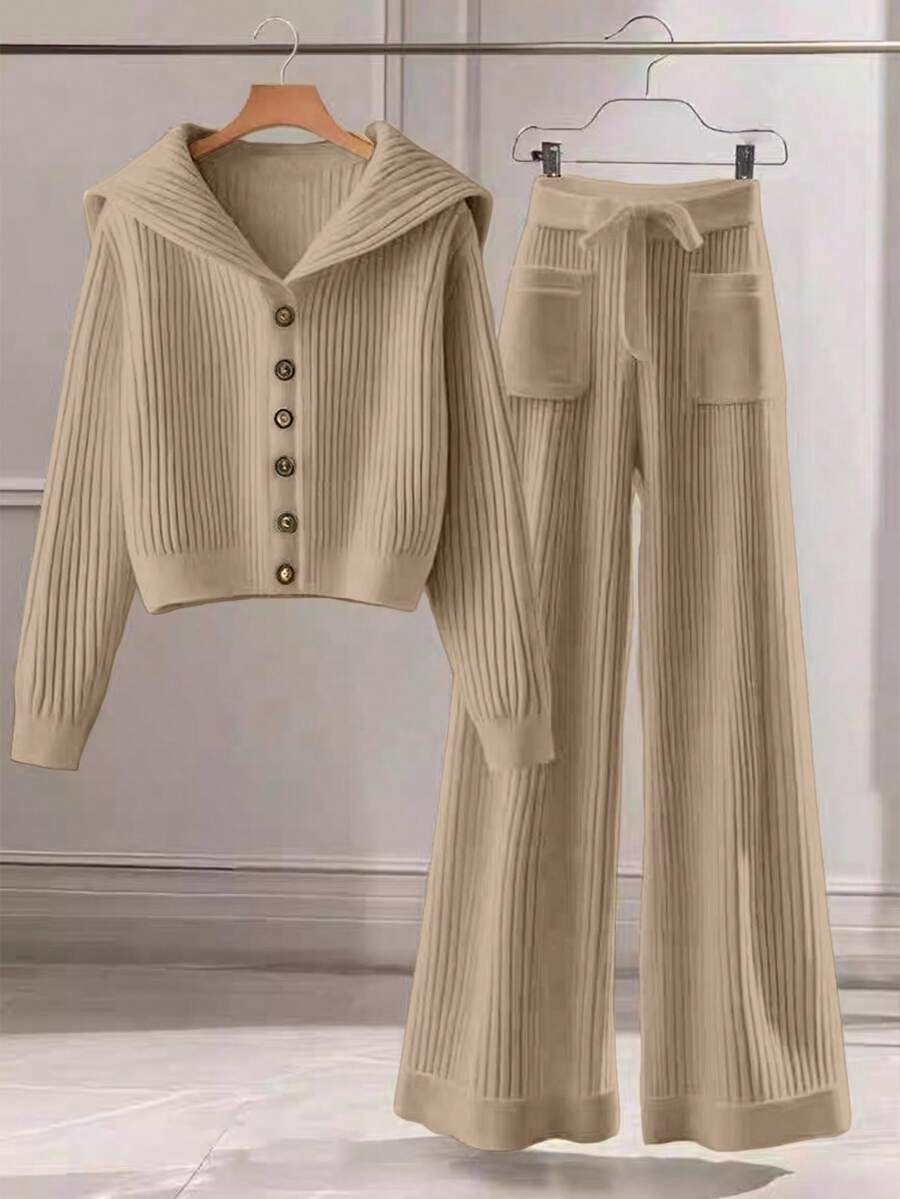 Franclia Bộ 2 áo len dệt kim trơn màu thường ngày cho nữ, áo khoác cardigan cài nút cổ bẻ và quần dệt kim có túi nơ phía trước - Màu Khaki - Xem 1