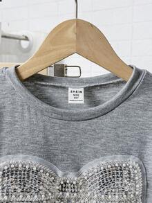 SHEIN Tween Girls Light Grey Round Neck Short Sleeve T-Shirt With Sequin Animal Bow Detail Regular Length Everyday Casual Top - Light Grey - View 4