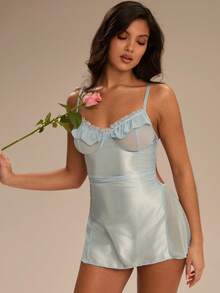 Enchnt Women's Sexy Nightgown With Ruched Lace Trim, Ruched Bust Insert, Shirred Detail, Flattering Fit, High Slit, French Romantic Style Satin Babydoll Sleepwear Lace Trim Babydoll Holidayseason  Cozy And Elegant Details - Dusty Blue - View 3