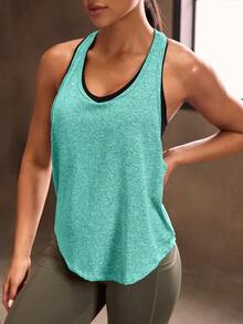 Powerista Sleeveless Round Neck Solid Color Open Back Summer Sports T-Shirt - Green - View 5