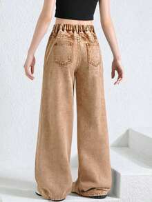 SHEIN Teen Girl All-Match Casual Versatile Stone Wash Elastic Waist Wide Leg Jeans - Khaki - View 2