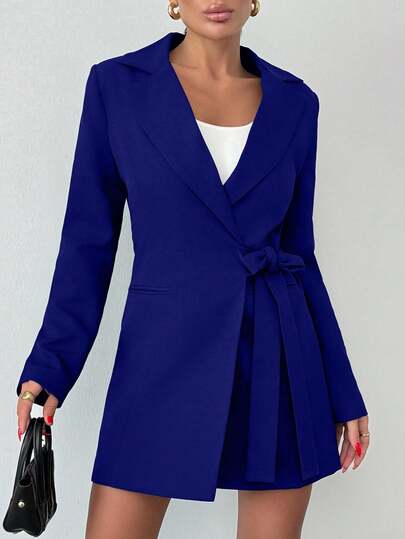 SHEIN Women's Notched Lapel, Knotted Waist Design, Solid Color Suit Jacket For Office Commuting