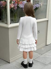 Young Girls Long Sleeve Dress,Textured Fabric White Round Neck With Ruffle Design,Multi-Layer Ruffle Hem Children Party Autumn Kids Dress - Apricot - View 2
