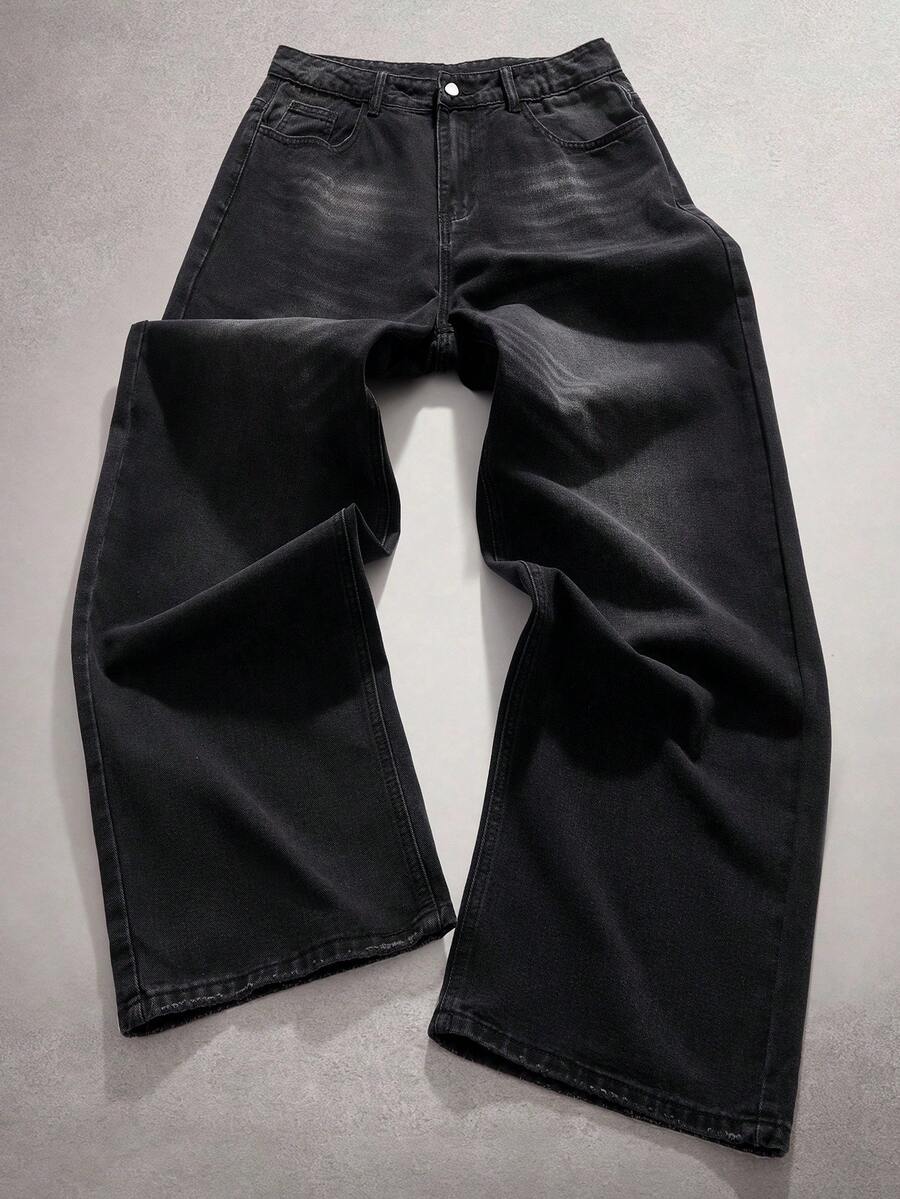 StoneGrade Y2K 复古街头服饰男式褪色浅蓝色宽腿宽松牛仔裤 - 黑色 - 查看 1