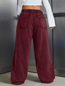 Jeanoix Quần jean ống rộng cạp cao, túi hộp, dáng rộng, thường ngày đa năng cho nữ cỡ lớn - Màu Đỏ Sâu - Xem 2
