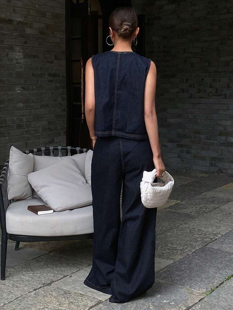 Women's Denim Korean Street Style Washed Vintage Sleeveless Vest And Loose Fit Pants 2-Piece Set