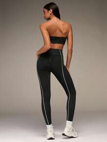 SHEIN BAE Sleeveless Black Micro Crop Strapless Set For Active Lifestyle Strapless Two Piece Set Two Piece Legging Set Workout Set Two Piece Gym Two Piece Set Yoga Set Two Piece Two Piece Sport Set Yoga Leggings Set Legging Two Piece Set - Black - View 2