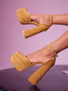 CUCCOO LuxiPop Women's Thick Sole Fashionable Buckle Design High Heel Shoes, Suitable For Party, Christmas, Thanksgiving, New Year, Nightclub Outfit - Camel - View 2