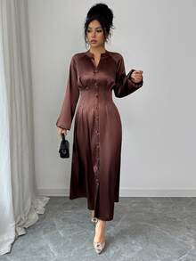 SHEIN Elenzya Váy sơ mi xếp ly satin màu nâu thanh lịch thu/đông - màu nâu - Xem 4