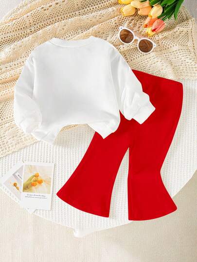 SHEIN 2件組 0-3歲女嬰白色與紅色圓領運動衫 3D刺繡感櫻桃印花 & 素色喇叭褲套裝 秋季可愛親子穿搭
