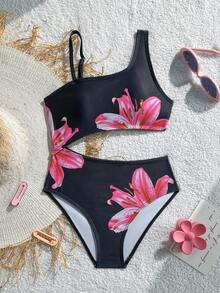 SHEIN Đồ bơi một mảnh cho bé gái với thiết kế khoét eo, trang phục đi biển không thể thiếu cho kỳ nghỉ hè, họa tiết in phía trước - màu đen - Xem 2