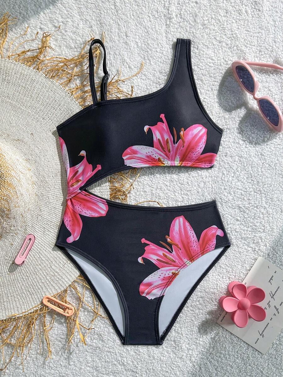 SHEIN Đồ bơi một mảnh cho bé gái với thiết kế khoét eo, trang phục đi biển không thể thiếu cho kỳ nghỉ hè, họa tiết in phía trước - màu đen - Xem 1