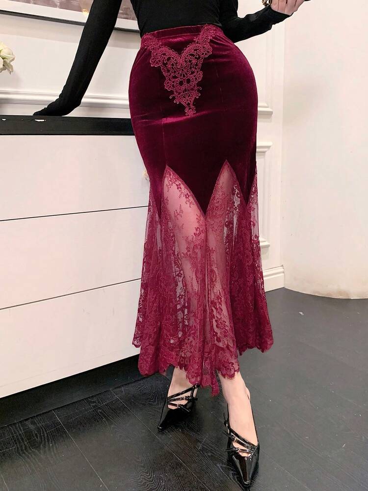 Women's High Waist Contrast Lace Fishtail Hem Elegant Skirt