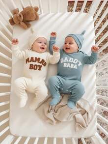 White,Autumn,Casual,Graphic,Family Matching 2 Pack Newborn Baby Pajamas Ribbed Long Sleeve Footed Romper With Hat Set MAMAS BOY DADDYS GIRL Slogan - Multicolor - View 8