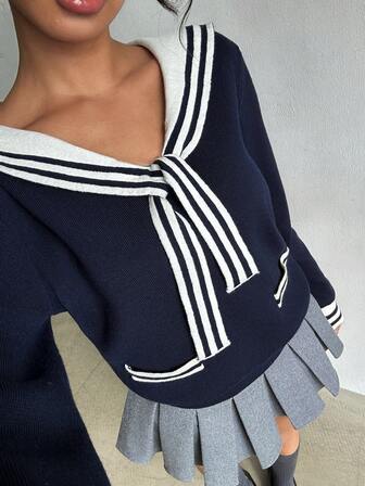 Lyxana Damtopp i casual collegestil, mångsidig höst-/vinterstickad topp med nedfällbar krage, knytbar kontrastfärg, åtsittande midja, mjuk och bekväm