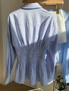 Comfortcana 2025 New Fall/Winter Fashionable Women's Striped Fresh Waist Cinching Long Sleeve Shirt Christmas For Women New Year Elegant Blouses For Women Casual Blouse For Women Business Casual Women Shirts Blue Striped Shirt - Blue - View 2