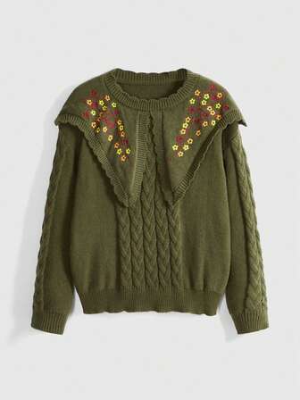 Fairycore Vintage Floral & Plant Embroidery Plus Size Pullover Sweater, Olive Green Retro Cottagecore Style Sweater For Women