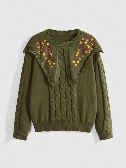 Fairycore Vintage Floral & Plant Embroidery Plus Size Pullover Sweater, Olive Green Retro Cottagecore Style Sweater For Women