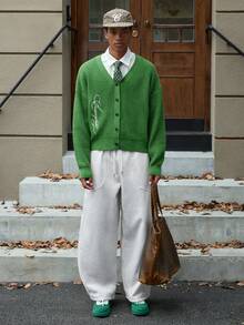 SWAVVY 男士标准尺码落肩长袖针织套头毛衣，罗纹针织刺绣针织衫，男士针织开衫，绿色开衫，男士毛衣，印花绿色男士毛衣 - 綠色 - 查看 4