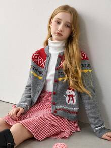 少女圣诞雪人提花针织开衫，秋冬款 - 淺灰色 - 查看 5