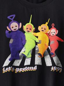 Teletubbies X ROMWE Áo thun cổ tròn tay ngắn họa tiết hoạt hình và chữ cái thường ngày dành cho nữ, mùa hè - màu đen - Xem 3