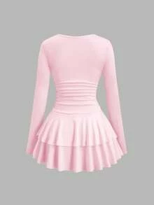 SHEIN PETITE Women's Autumn/Winter Coffee Color Asymmetric Long Sleeve Metal Decor Layered Ruffle Hem Mini Dress - Pink - View 2