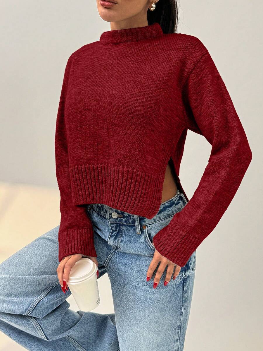 EURMUSE Suéter de cuello alto y corto de punto cálido para mujer - Burdeos - Ver 1