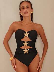Costavie 2026春夏款黑色可拆卸肩带镂空腰部金色海星图案优雅女士连体泳衣