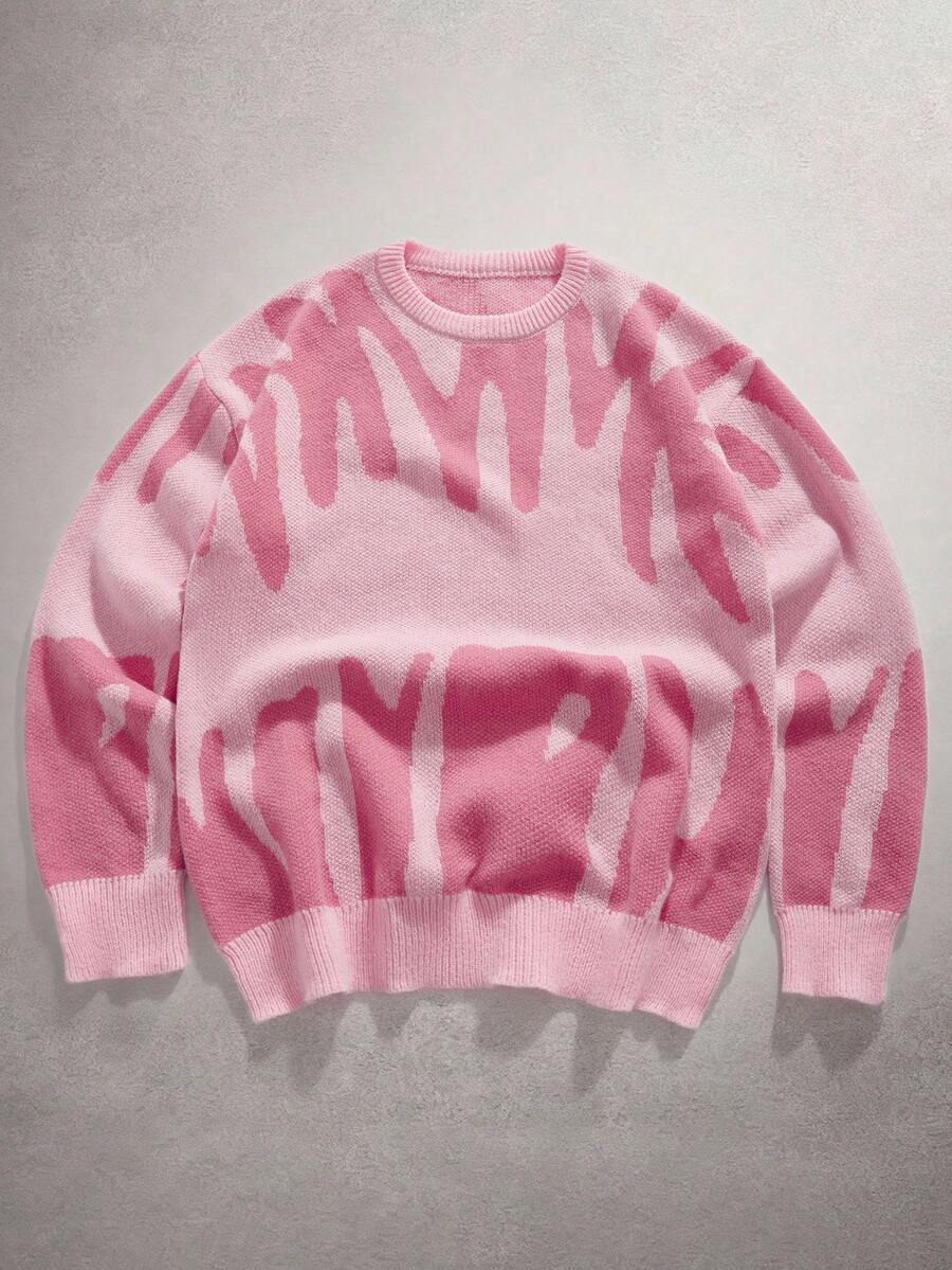 StoneGrade 男士印花休闲毛衣，秋冬款 - 粉色 - 查看 1