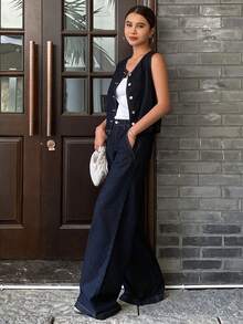 Livesso Tall 女款圓領無袖背心上衣搭配寬鬆寬腿牛仔褲休閒套裝，適合高個女性夏季穿著 - 深色水洗藍 - 查看 3