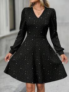 SHEIN LUNE 女士浪漫优雅仿亮片印花图案腰部装饰V领长袖短款连衣裙，适合秋冬季节，适合外出、约会、派对，时尚别致 - 白色 - 查看 6