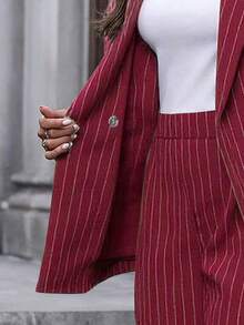 EMERY ROSE Women's Striped Lapel NeckLong Sleeve Jacket And Pants Casual Suit Set Woman Suit Blazer Set For Women Women Suits Two Pieces Outfits - Red - View 5